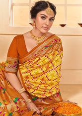Orange Yellow Cotton Silk Ikkat Print Saree-3843